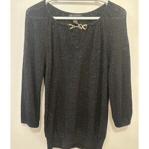 INC Women's M Black Long Sleeve Stretch Top Keyhole Sheer Metal Sequin